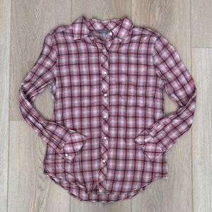 Rubbish Plaid Button-Up Shirt, Long Sleeve Top w/ Red, White + Charcoal Grey
